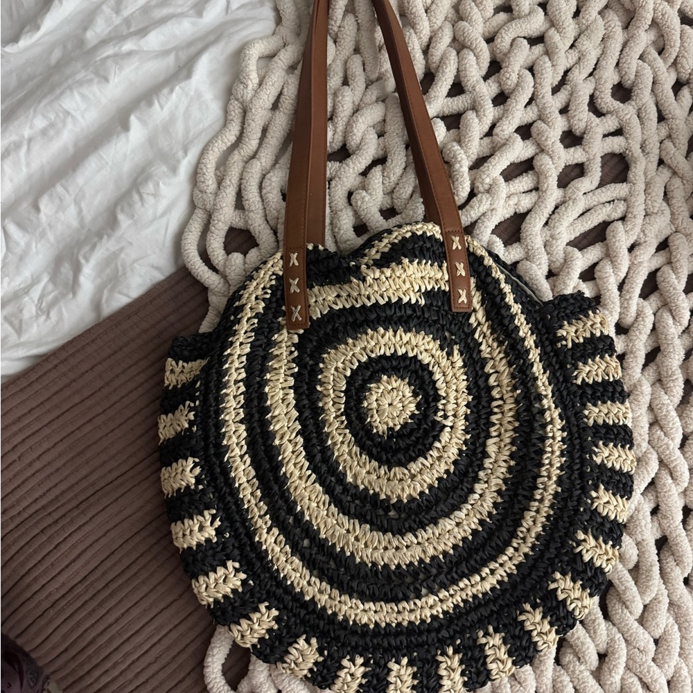 Billabong Black & Natural Woven Round Tote with Brown Handles